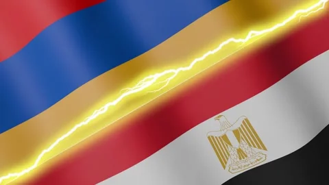 Two waving flags Armenia and Egypt with diagonal lightning, 4k loop Stock Footage 339995221