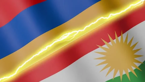 Two waving flags Armenia and Kurdistan with diagonal lightning, 4k loop Stock Footage 340197364