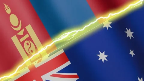 Two waving flags Australia and Mongolia with diagonal lightning, 4k loop Video stock 338195963