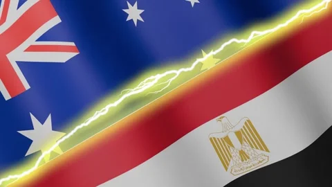 Two waving flags Australia and Egypt with diagonal lightning, 4k loop Stock Footage 339995216