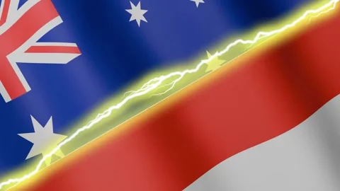 Two waving flags Australia and Indonesia with diagonal lightning, 4k loop Stock Footage 341757762