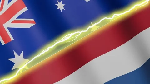Two waving flags Australia and Netherlands with diagonal lightning, 4k loop Stock Footage 342622589