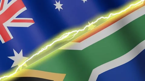 Two waving flags Australia and South Africa with diagonal lightning, 4k loop Stock Footage 342789604