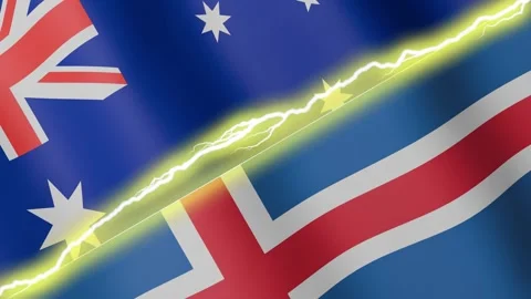 Two waving flags Australia and Iceland with diagonal lightning, 4k loop Stock Footage 344103262
