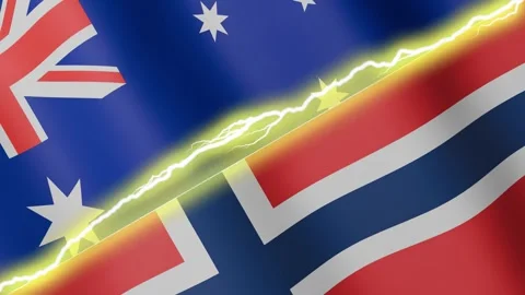 Two waving flags Australia and Norway with diagonal lightning, 4k loop Stock Footage 344570766