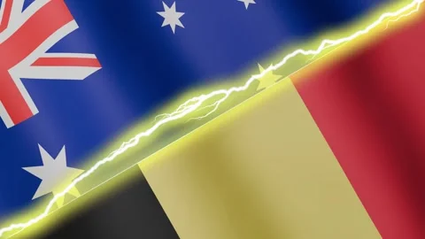 Two waving flags Australia and Belgium with diagonal lightning, 4k loop Stock Footage 344751521