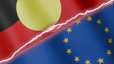 Two waving flags Australian Aboriginal - Mariya and European Union with diagonal Stock Footage 327661832