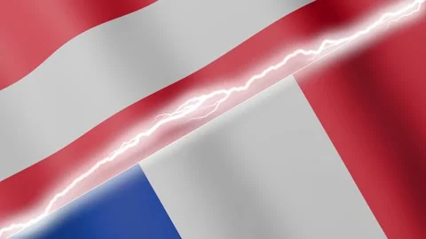 Two waving flags Austria and France with diagonal lightning 4k loop Stock Footage 329223819
