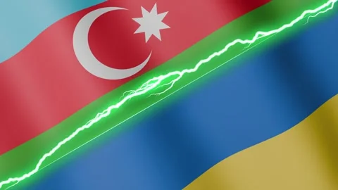 Two waving flags Azerbaijan and Ukraine with diagonal lightning 4k loop Stock Footage 328655249