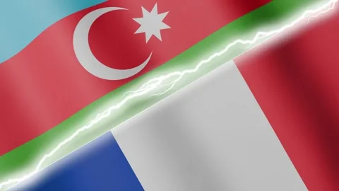 Two waving flags Azerbaijan and France with diagonal lightning 4k loop Stock Footage 329223823