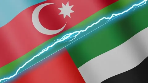 Two waving flags Azerbaijan and United Arab Emirates with diagonal lightning 4k Stock Footage 333977052