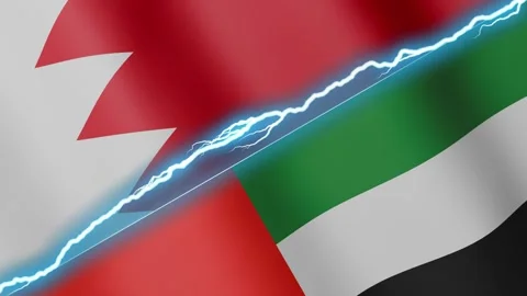 Two waving flags Bahrain and United Arab Emirates with diagonal lightning 4k Stock Footage 333977053