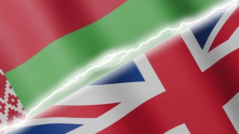 Two waving flags Belarusian and United Kingdom with diagonal lightning, 4k loop Stock Footage 329026582