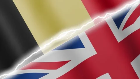 Two waving flags Belgium and United Kingdom with diagonal lightning, 4k loop Stock Footage 329026575