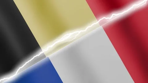 Two waving flags Belgium and France with diagonal lightning 4k loop Stock Footage 329223825