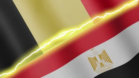 Two waving flags Belgium and Egypt with diagonal lightning, 4k loop Stock Footage 339995255