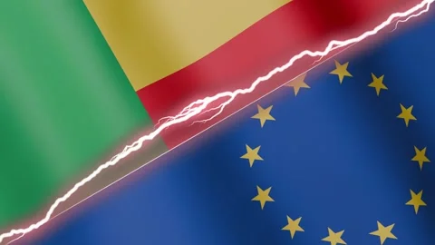 Two waving flags Benin and European Union with diagonal lightning, 4k loop Stock Footage 327660099