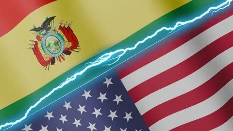 Two waving flags Bolivia and United States with diagonal lightning 4k loop Vídeos de archivo 327663665