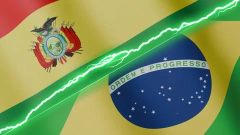 Two waving flags Bolivia and Brazil with diagonal lightning 4k loop Vídeos de archivo 327664260