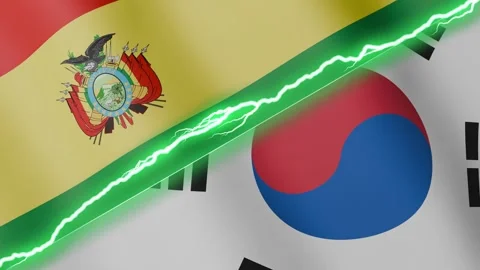 Two waving flags Bolivia and South Korea with diagonal lightning 4k loop Vídeos de archivo 328084136