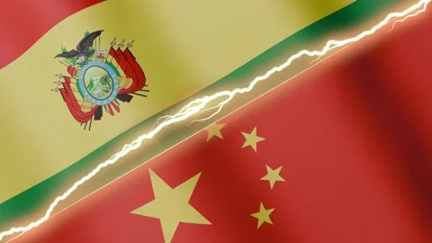 Two waving flags Bolivia and China with diagonal lightning 4k loop Vídeos de archivo 328619678