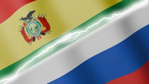 Two waving flags Bolivia and Russia with diagonal lightning 4k loop Vídeos de archivo 328902569