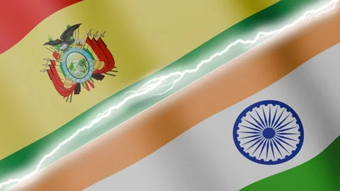 Two waving flags Bolivia and India with diagonal lightning 4k loop Vídeos de archivo 329458587