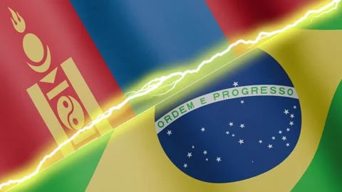 Two waving flags Brazil and Mongolia with diagonal lightning, 4k loop Stock Footage 338196054