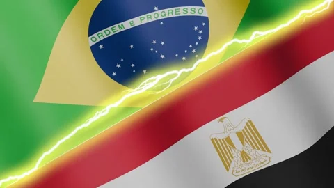 Two waving flags Brazil and Egypt with diagonal lightning, 4k loop Stock Footage 339995336