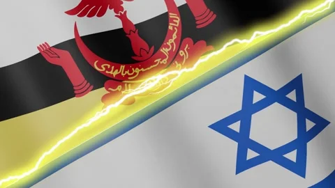 Two waving flags Brunei and Israel with diagonal lightning, 4k loop Stock Footage 338183048