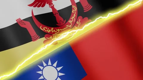 Two waving flags Brunei and Taiwan with diagonal lightning, 4k loop Stock Footage 339258931