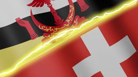 Two waving flags Brunei and Switzerland with diagonal lightning, 4k loop Stock Footage 339469792