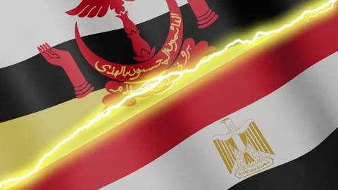 Two waving flags Brunei and Egypt with diagonal lightning, 4k loop Stock Footage 339995331