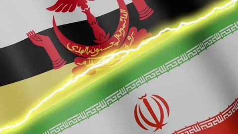 Two waving flags Brunei Darussalam and Iran with diagonal lightning, 4k loop Stock Footage 337875212