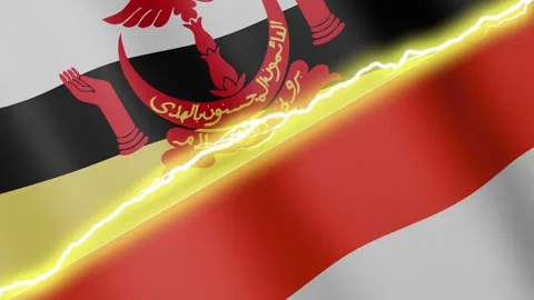 Two waving flags Brunei Darussalam and Indonesia with diagonal lightning, 4k Stock Footage 341757826