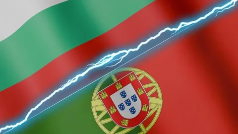 Two waving flags Bulgaria and Portugal with diagonal lightning 4k loop Stock Footage 333315430