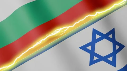 Two waving flags Bulgaria and Israel with diagonal lightning, 4k loop Vídeos de archivo 338183058