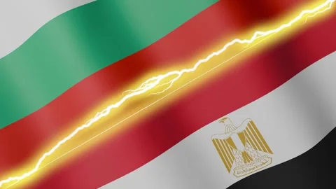 Two waving flags Bulgaria and Egypt with diagonal lightning, 4k loop Stock Footage 339995343
