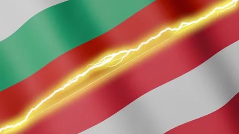 Two waving flags Bulgaria and Austria with diagonal lightning, 4k loop Stock Footage 346013293