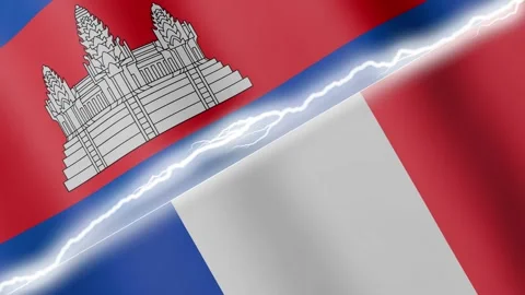 Two waving flags Cambodia and France with diagonal lightning 4k loop Stock Footage 329223831