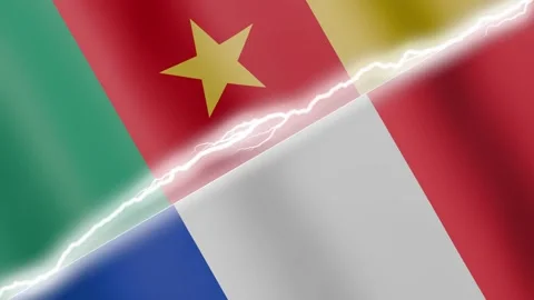 Two waving flags Cameroon and France with diagonal lightning 4k loop Stock Footage 329223838