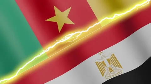 Two waving flags Cameroon and Egypt with diagonal lightning, 4k loop Stock Footage 339995364