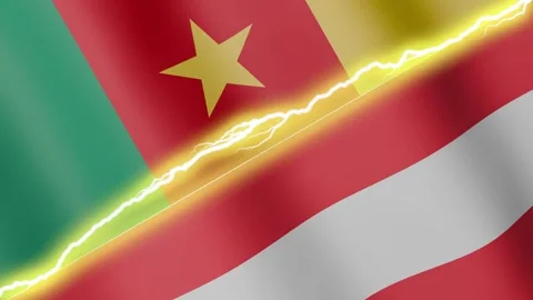 Two waving flags Cameroon and Austria with diagonal lightning, 4k loop Stock Footage 346013442