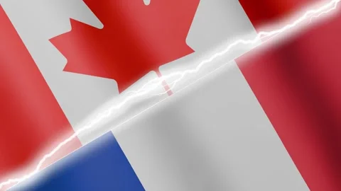 Two waving flags Canada and France with diagonal lightning 4k loop Stock Footage 329223839