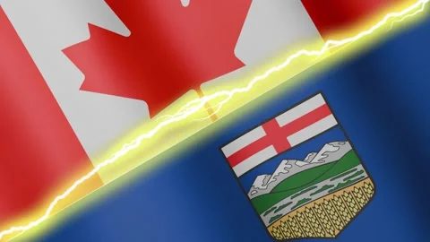 Two waving flags Canada and Alberta with diagonal lightning 4k loop Stock Footage 335883250