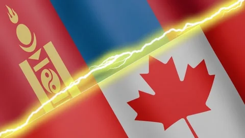 Two waving flags Canada and Mongolia with diagonal lightning, 4k loop Video stock 338196195