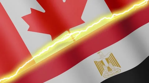 Two waving flags Canada and Egypt with diagonal lightning, 4k loop Stock Footage 339995405