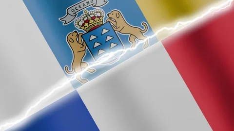 Two waving flags Canary Islands and France with diagonal lightning 4k loop Stock Footage 329223841