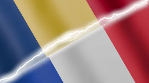 Two waving flags Chad and France with diagonal lightning 4k loop Stock Footage 329223843