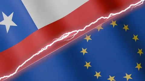 Two waving flags Chile and European Union with diagonal lightning, 4k loop Stock Footage 327660310